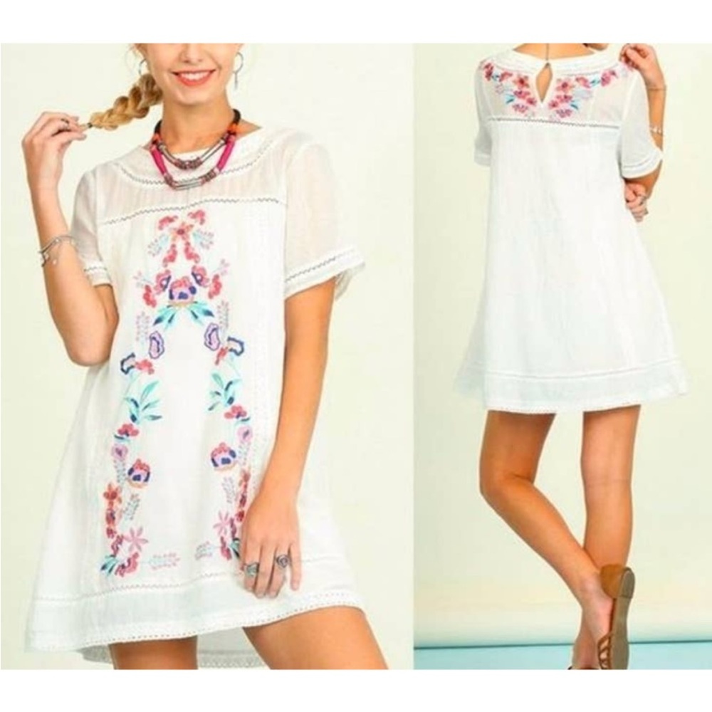 Umgee white floral embroidered Mexican style boho gauze cotton blend dress EUC M